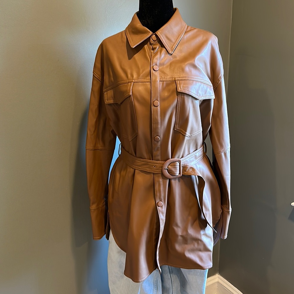 Faux leather oversized shirt/dress in cognac